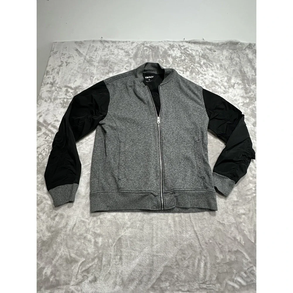 DKNY Jacket Sweatshirt Men's Size XL Gray Black Sleeves Full Zip Up Two Tone EUC